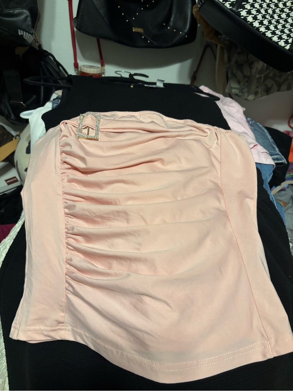 SHEIN Blush Pink Ruched Crop Top with Rhinestone Buckle